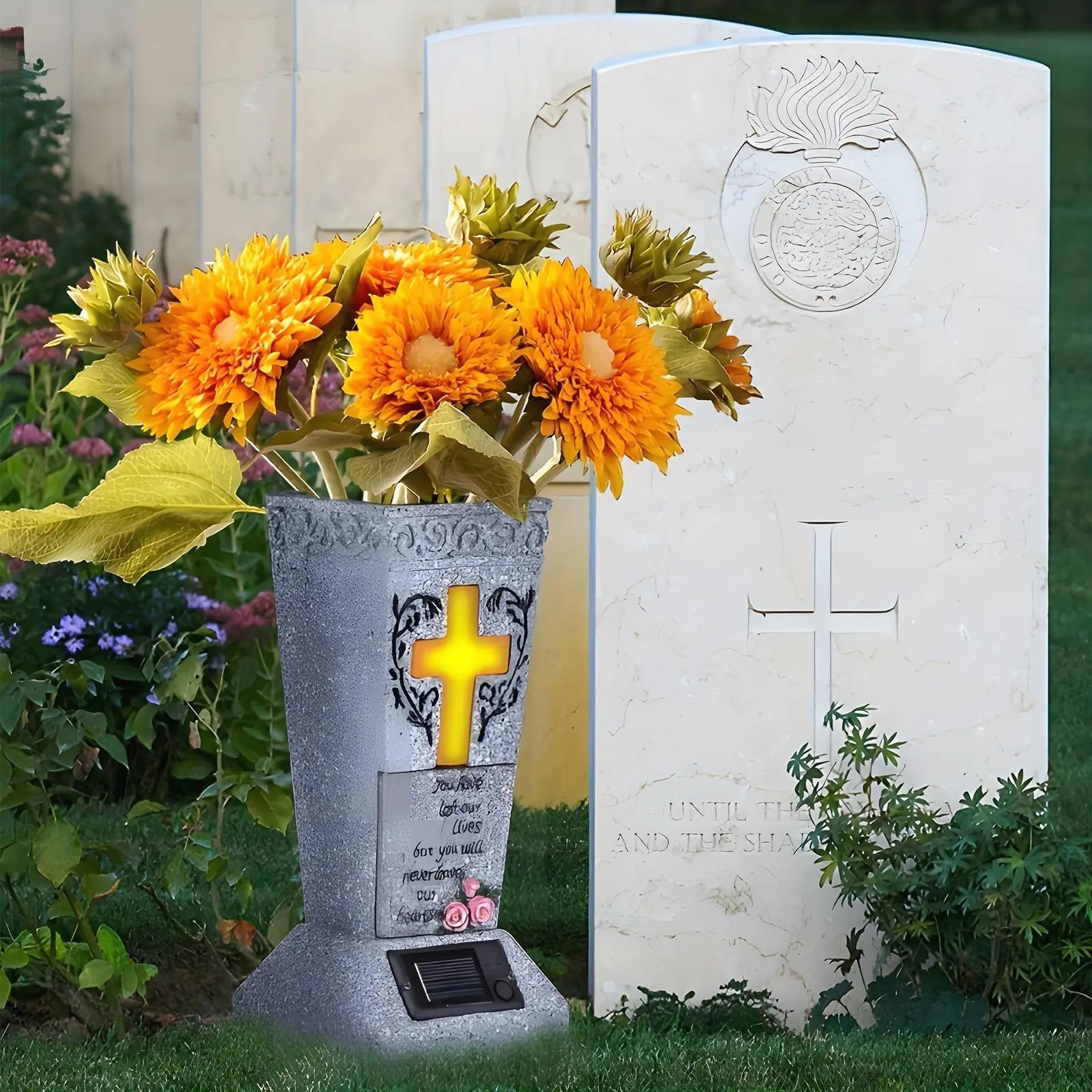 Solar Cemetery Grave Vase With LED For Fresh/Artificial Flowers Headstones Vases With Spikes Gravestone Decor Memorial Gifts For Loss Of Loved One, Memorial Plaque In The Garden, Without BatteryOrnaments