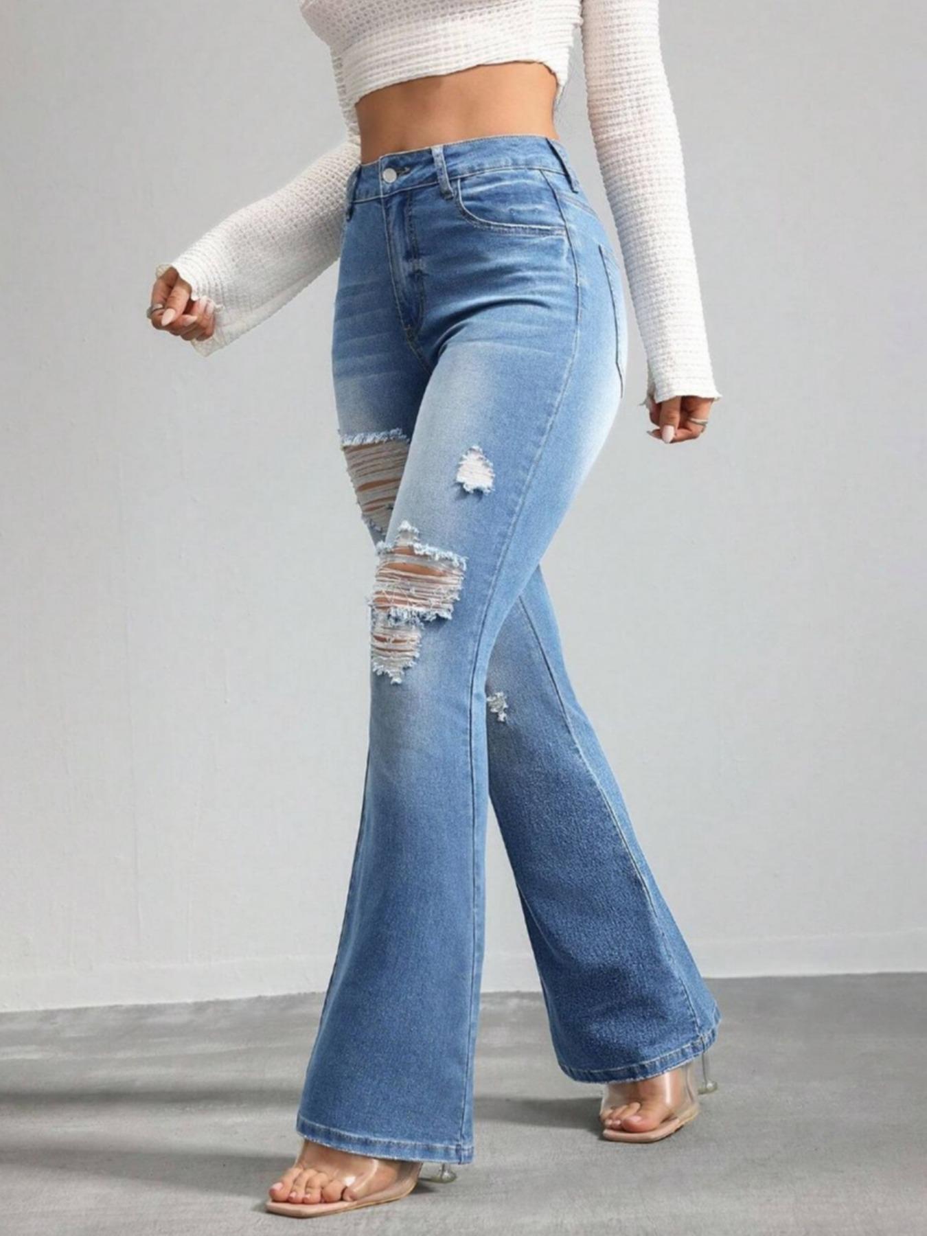 OBlue Jeans Women's Flare Leg Jeans, Casual Comfy Stretchy High Waist Bell Bottom Trousers for Daily Wear, Ladies Bottoms for All Seasons, Pants