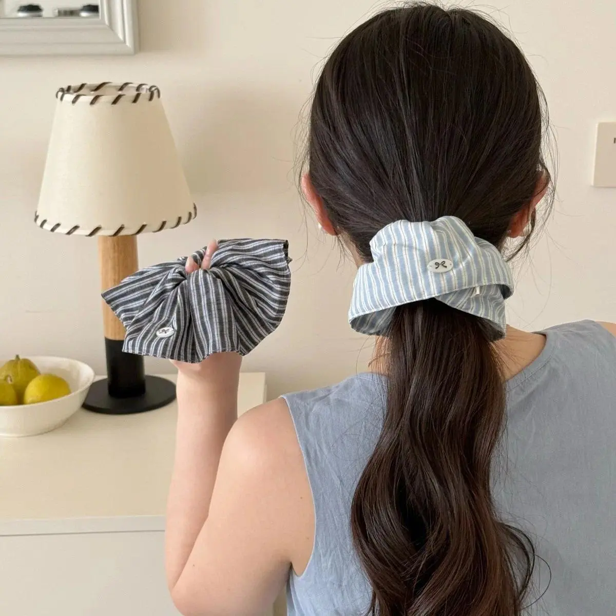Female Unisex Small Bow Fabric Hair Scrunchie - Blue Striped Design with Small Label, Fresh-Style Textured Girly Hairbands & Scrunchies Fashion Accessory for Casual Daily Use