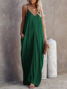 Women's Summer Casual Sleepwear Dress, Sleeveless V-Neck Long Dress with Side Pockets, Wearable Outdoors, 1 Piece Set