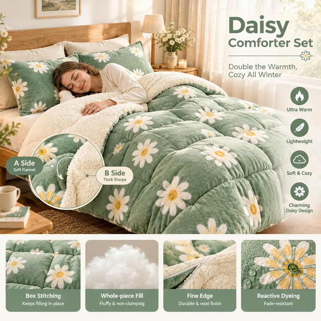 CloudTouch 380GSM Sage Green Daisy Reversible Comforter, Sherpa Fleece Backing, Box Quilted Microfiber Warm Winter Bedding