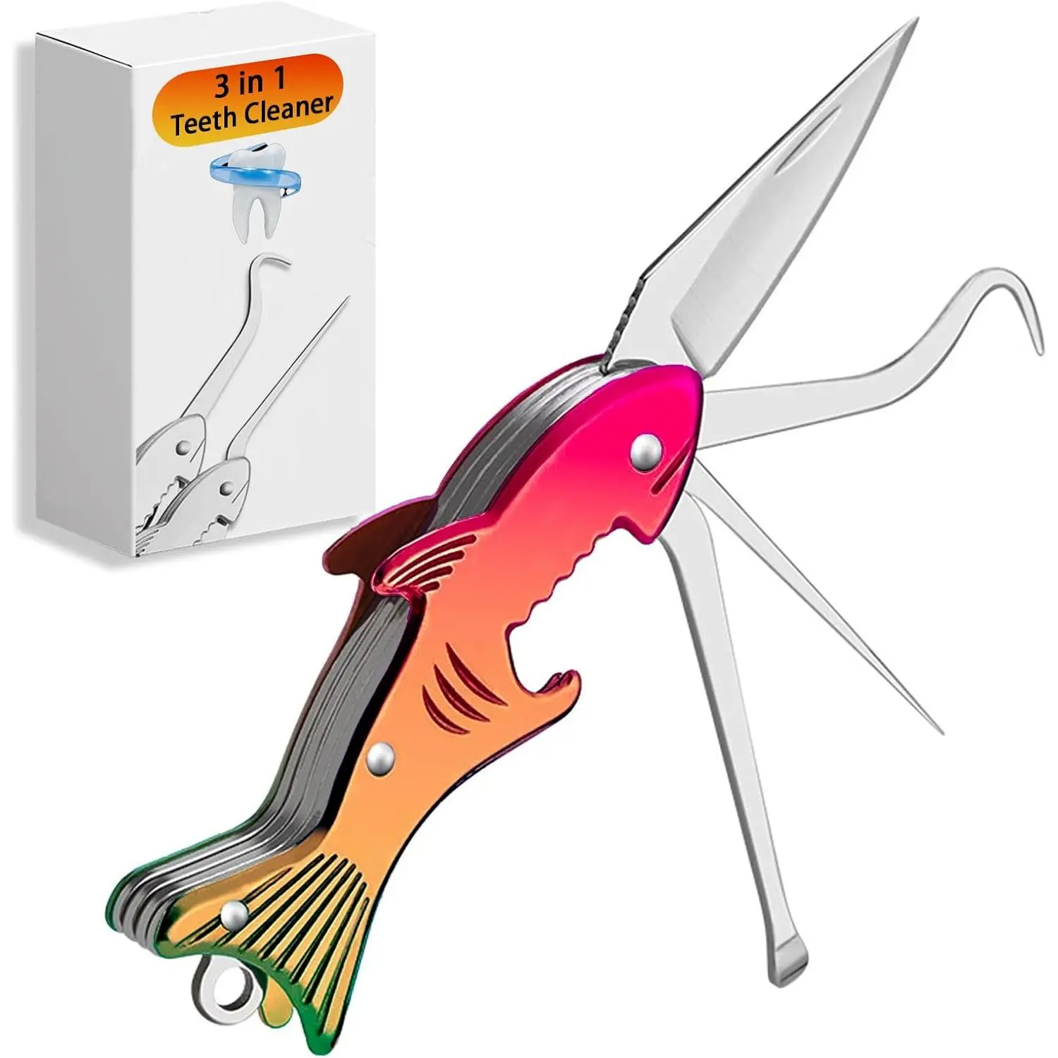 Titanium Metal Toothpick Multi-Tool – 4-in-1 Shark Design with Dental Picks, Mini Knife, Ear Cleaner & Bottle Opener – Travel Toothpick Keychain – Gold (Colorful)
