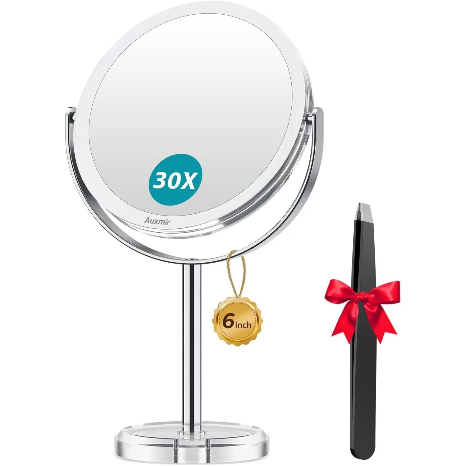 1X/ 30X Magnifying Mirror, Makeup Mirror with Tweezer, Double Sided Round Vanity Tabletop Mirror, 360° Rotation Portable for Dressing Table Desk Bathroom Bedroom Travel, Clear