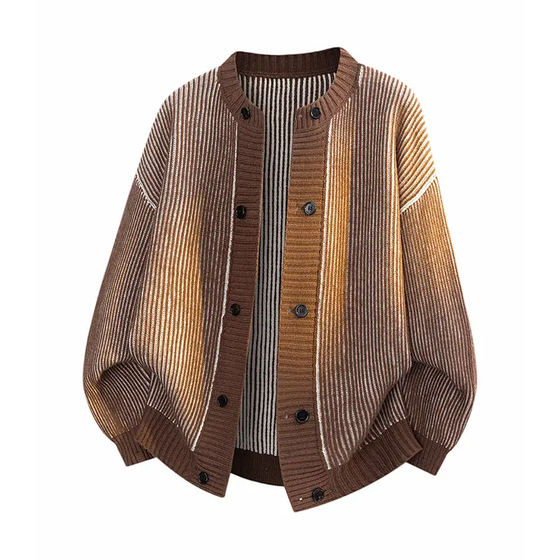 Men’s round‑neck double‑breasted knit cardigan, multi‑brown vertical‑striped knit outerwear.Retro warm‑toned design, ideal for autumn daily looks, casual hangouts and urban street‑style outfits.#sohochic
