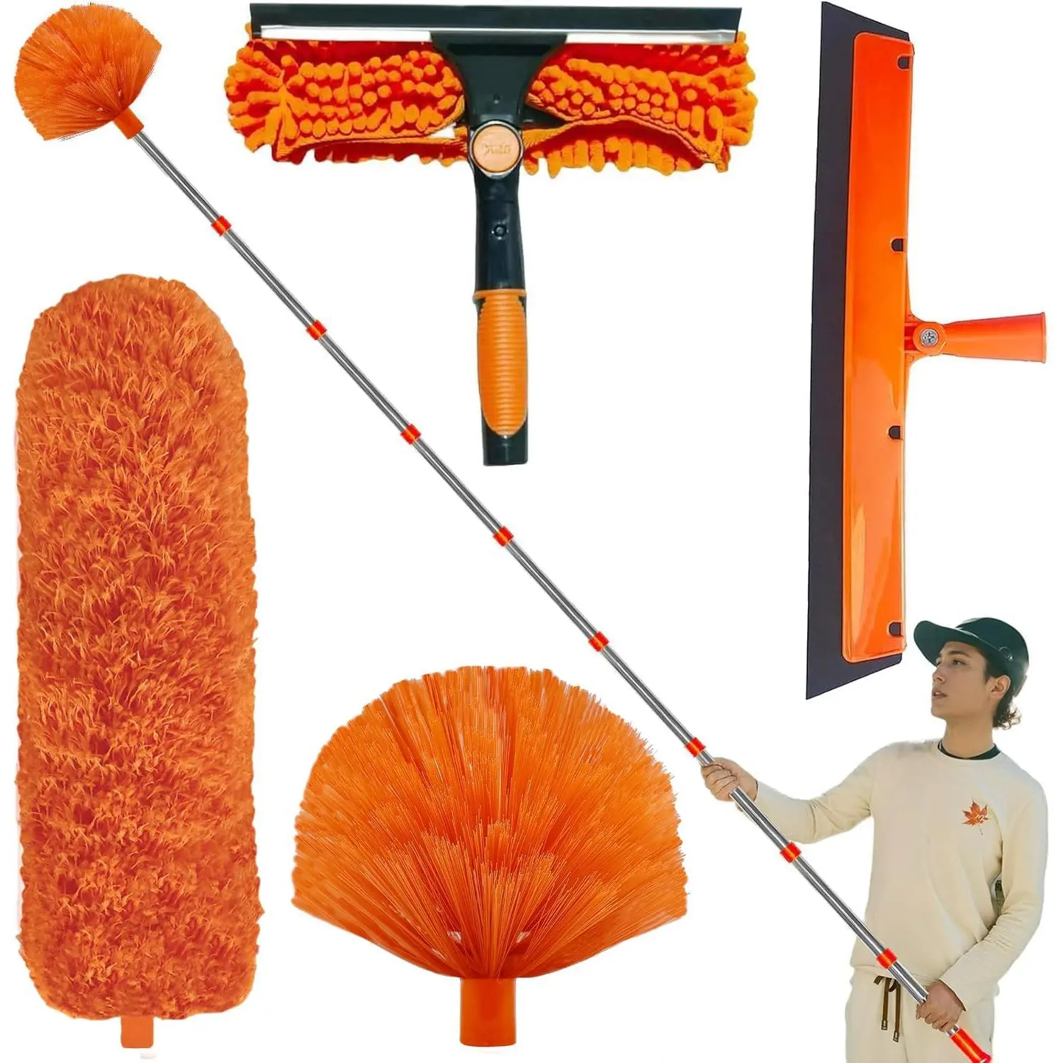 20+  High  Duster Kit with 3-14 ft Extension Pole High Ceiling Dusting and Window Cleaning Kit with Spliceable Pole - Window Washer & , Cobweb Duster, Fan  and  Dusters
