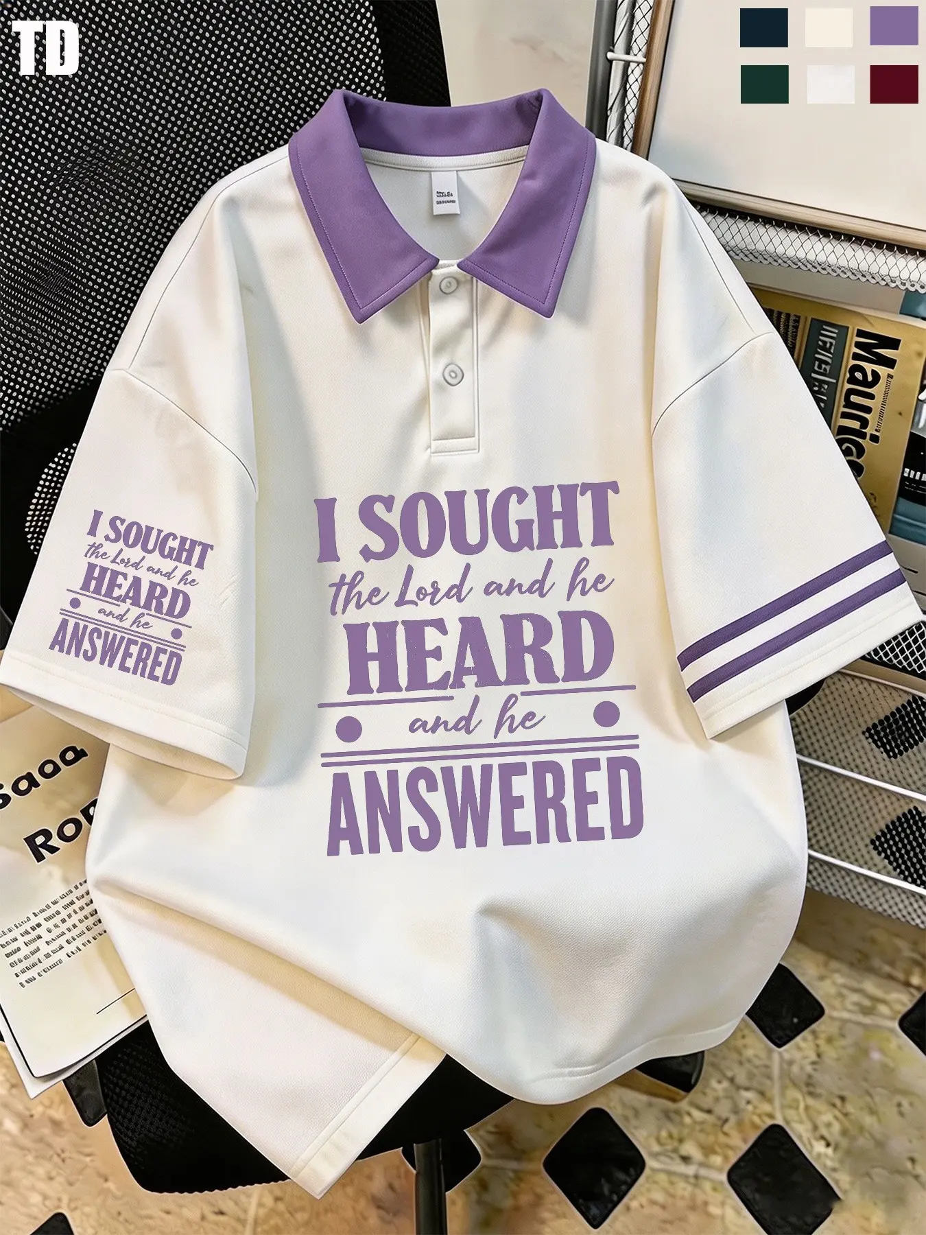 Td I Sought the Lord Faith Letter Graphic Polo Shirt, Unisex 6 Colors, Loose Fit, Patchwork Design, Casual Blouse for Christian Worship