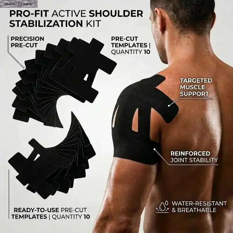Pre-Cut Kinesiology Tape for Shoulder Pain Relief, Waterproof Breathable Elastic Physio Athletic Tape, Muscle Support Bandage for Injury Recovery, Workout Training and Physical Therapy (Black)