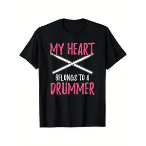 Men's Women's My Heart Belongs To A Drummer Graphic T-Shirt, Funny Music Lover Tee, Short Sleeve Casual Top