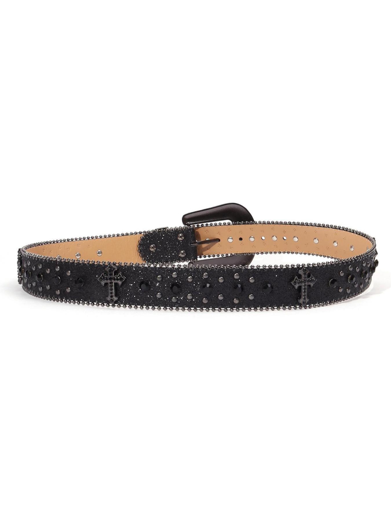 Punk Style Rhinestone Decorated PU Belt with Buckle, Fashion Cross Belt for Party, Daily Clothing Decor, Trendy Versatile & Exquisite Belt for Birthday Gift