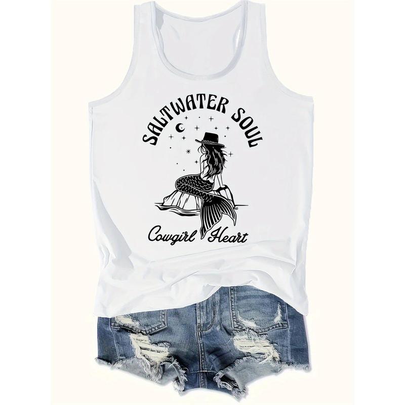 Men's Soft Bold Mermaid Print Casual Crew Neck Tank Top - Slim Fit, Breathable Sleeveless, Elastane-Viscose Blend, Heart Accent, Unique Graphic Art, Coastal Cowgirl Menswear Vest for Spring Summer (True Size, Cold Wash Only, Color-Sorted Wash)
