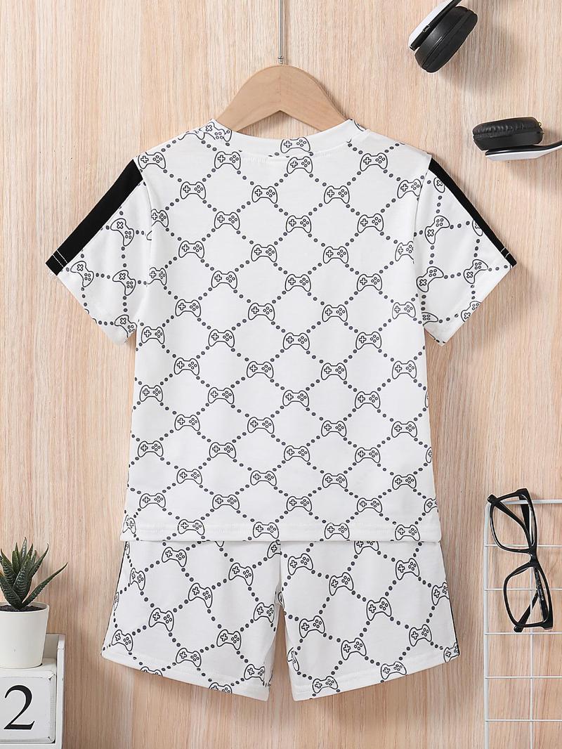 Two-piece Set Boy's All Over Game Console Letter Print Side Stripe Tee & Shorts Set, Casual Short Sleeve T-shirt & Elastic Waist Shorts, Summer Outfits Clothes for Kids