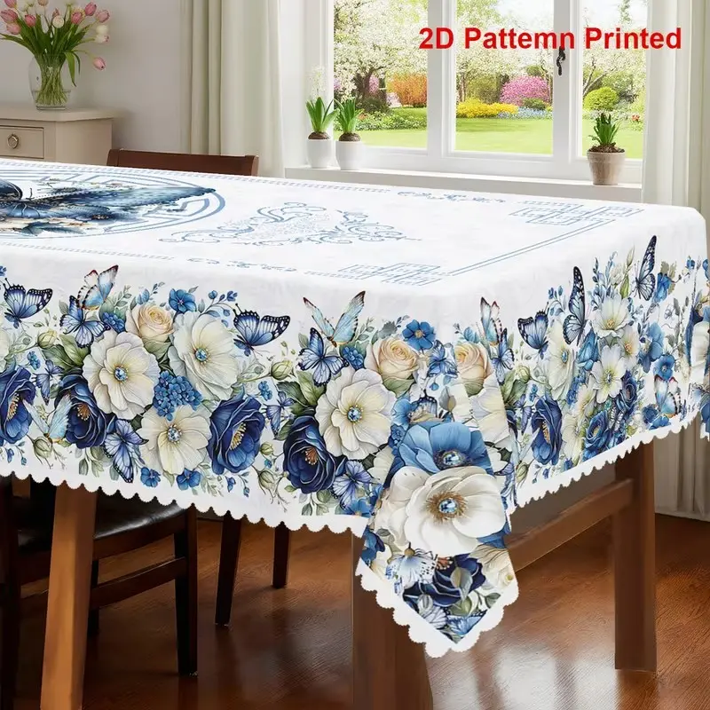 2D Flat Party Tablecloth, Vintage Butterfly Narcissus Floral Print, Rectangular Tablecloth, Embossed Edges, Indoor Outdoor Decor, Indoor Outdoor Patio