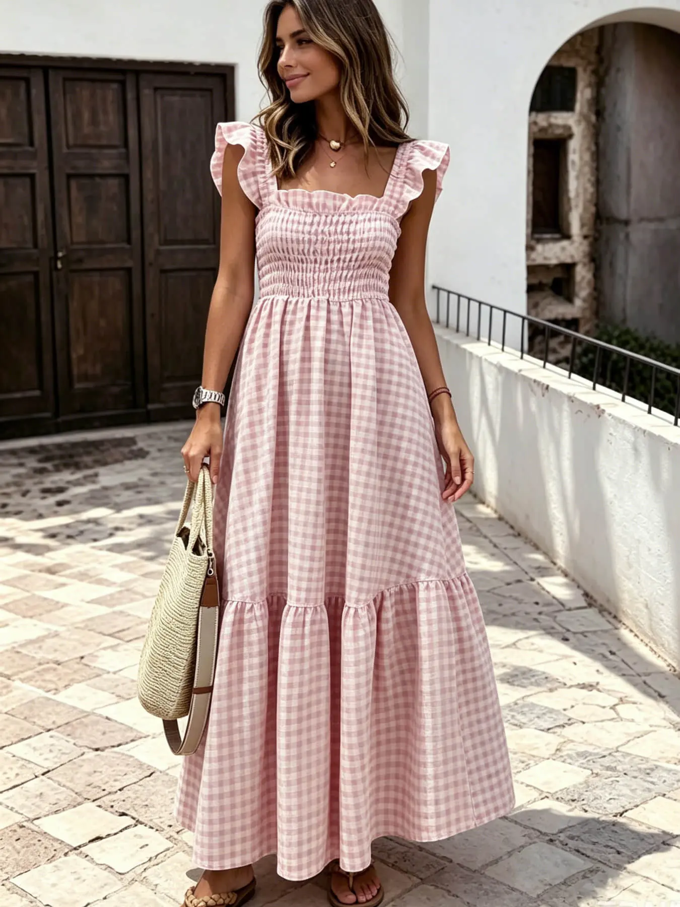A fashionable and fresh plaid square neck dress for women, Casual Beach Sundress, with small fly sleeves, suitable for summer, beach vacations, friend gatherings, park picnics, etc.