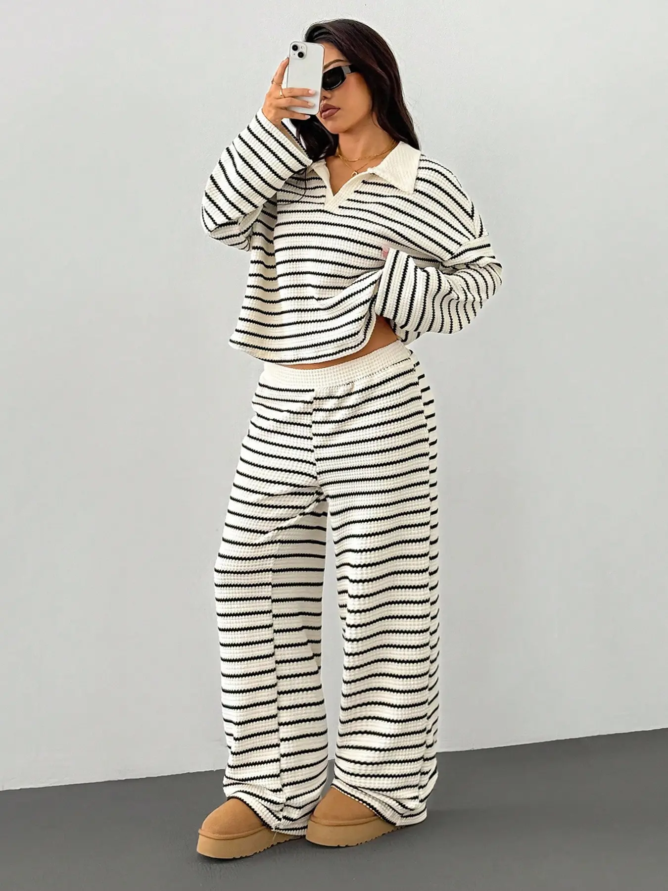 Plus Size Women's Lapel Short Top + High Waist Wide Leg Pants Set, Clothes, Striped, Casual, Baggy, Fall & Winter, Comfortable, Versatile, Relaxed Style