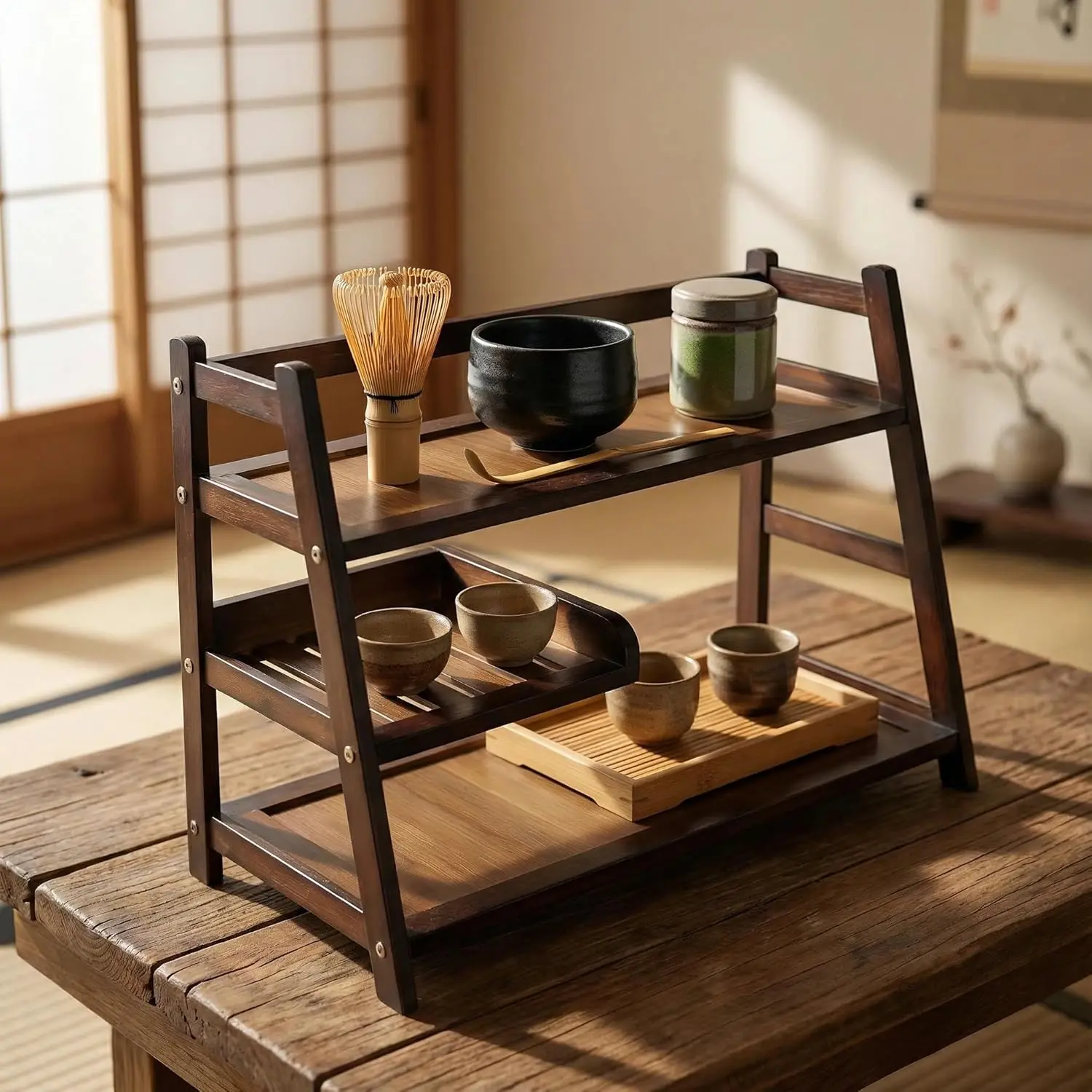 3 Tier Bamboo Matcha Station, coffee station organizer Shelf for Kitchen Countertop, Tea Bar - Matcha Powder, Tools & Cup Organizer for Matcha Lovers, Home Baristas.