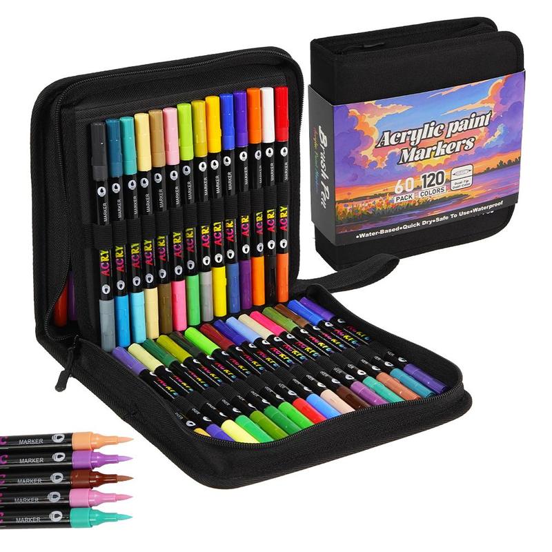 120-Color Acrylic Paint Marker Set, 60pcs Acrylic Paint Marker Pens with 2 Brush Heads, Creative Coloring Markers for Rock, Wood, Canvas, Stone and Fabric, Art Supplies, Art Materials