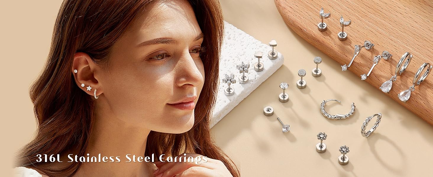 ZELORES  9 Pairs Flat Back Stud Earrings for Women Stainless Steel Helix Cartilage Stacks Hoop Stud Earring Sets for Multiple Piercing 18K Gold Plated Flat Back Earrings  Trendy Sterling Silver