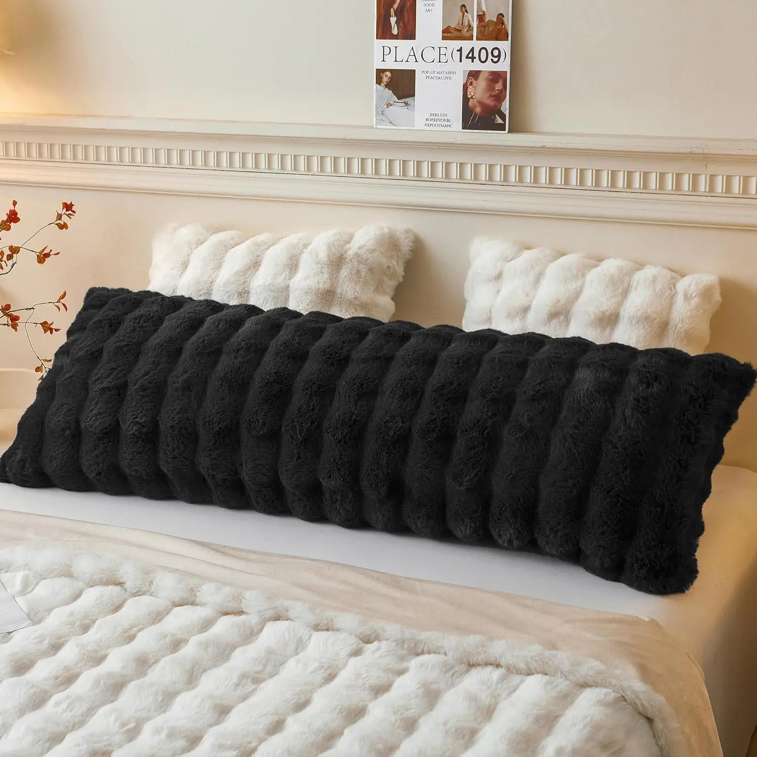 20"x54" Long Body Pillow Cover, Home Goods Fluffy Faux Rabbit Fur Luxury Bubble Waffle Shaggy Plush Bed Pillowcase with Zip Closure for Adults