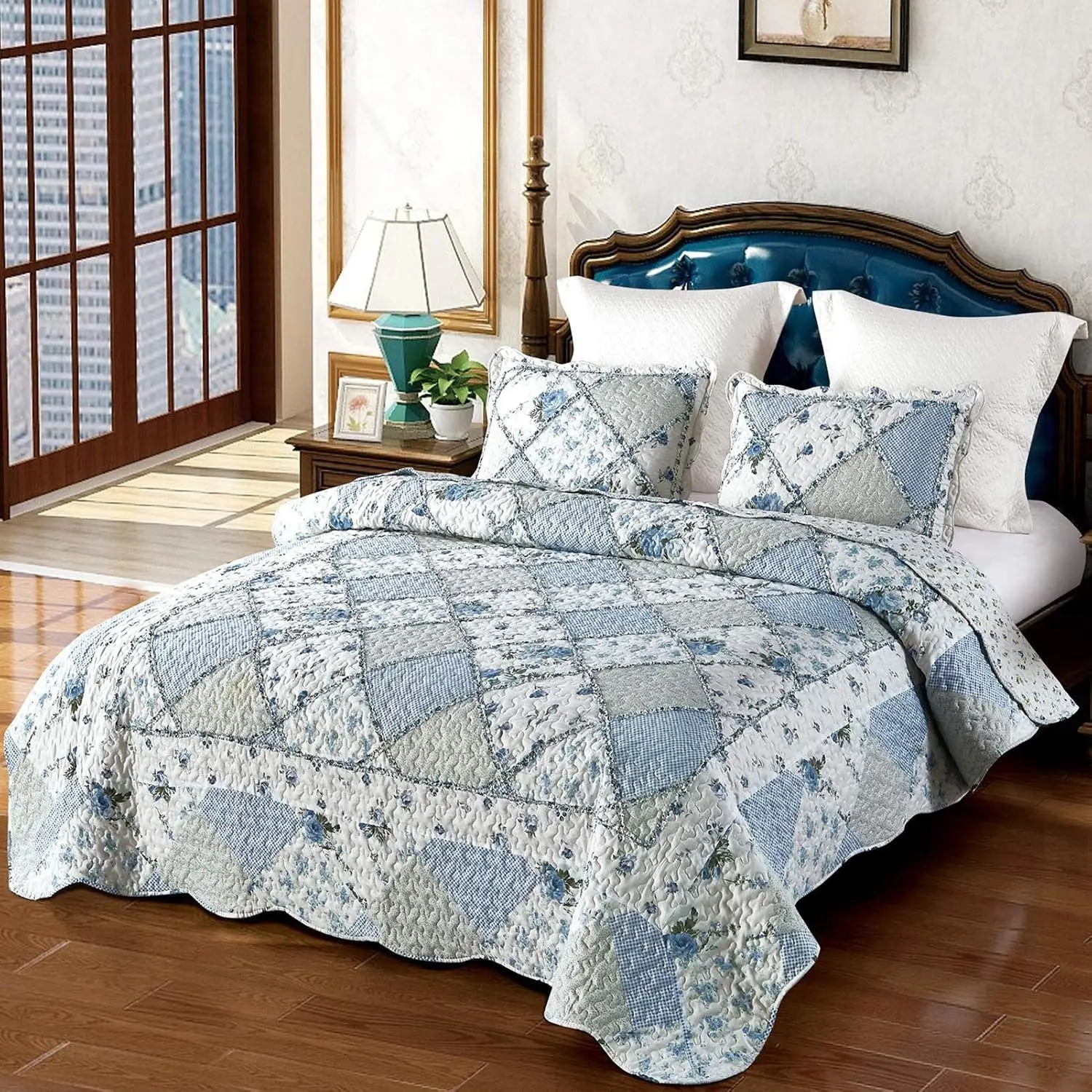 Blue Floral Patchwork Quilt Set, Full Queen Size, 3 Piece Bedding Set with 2 Pillowcases | 3-Piece Rversible Quilted Bedspread Coverlet Set 87"x95" Lightweight Comforter Bedding Set Bed Cover with 2 Pillow Shams