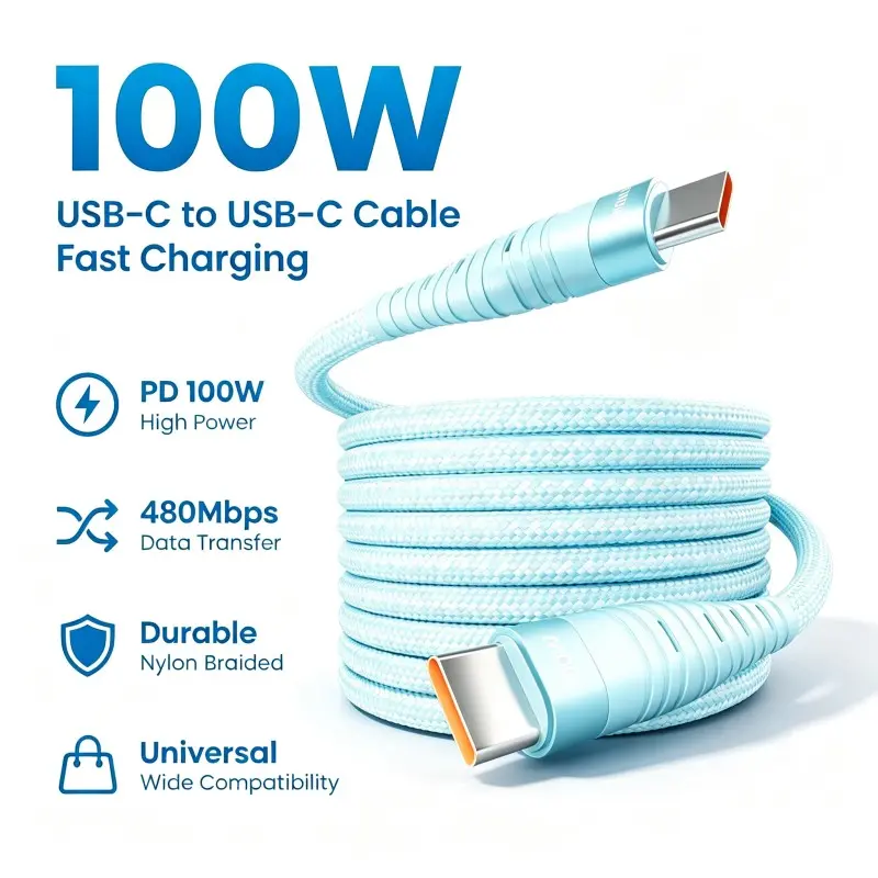 KRTLHE 100W Fast-Charging Cable (Supports Data Transfer), premium usb c charging cable with tangle-free braided outer layer, designed for iPhone 15/16, MacBook Air/Pro, iPad, Samsung, Xiaomi and other devices, available in 6 colors.