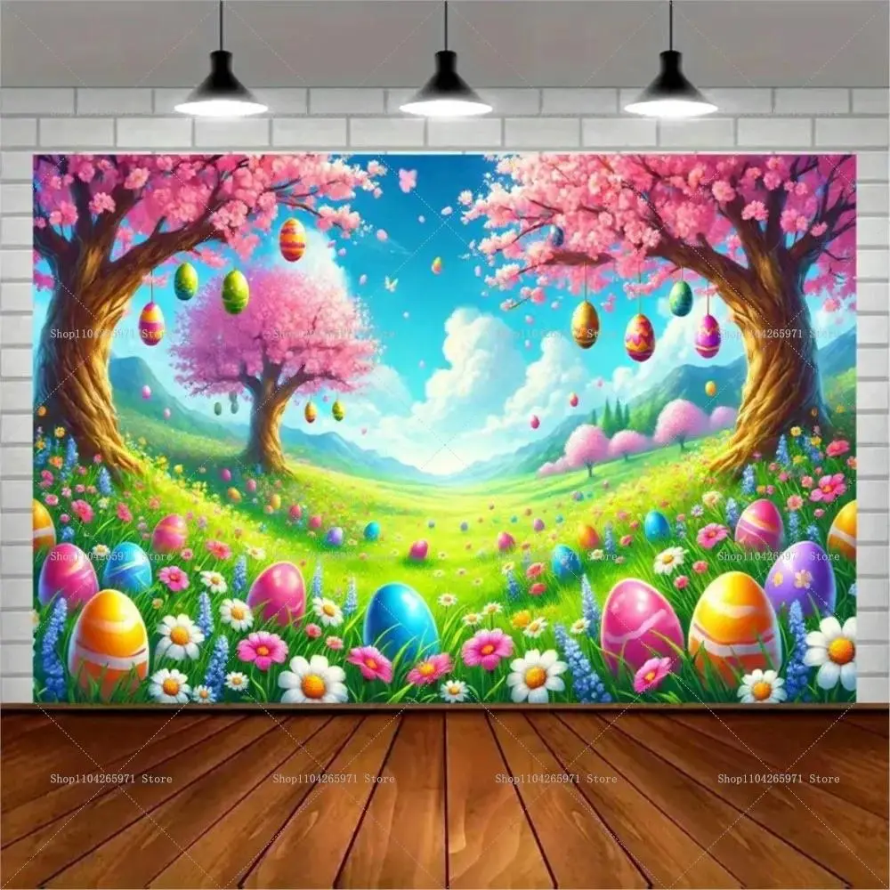 Easter Bunny Polyester Tapestry Wall Decor - Cute Rabbit, Egg, Floral Design, Spring Holiday Photography Background, Party Prop Banner for Kids Celebration, Casual Father's Day Family Bag Accessory