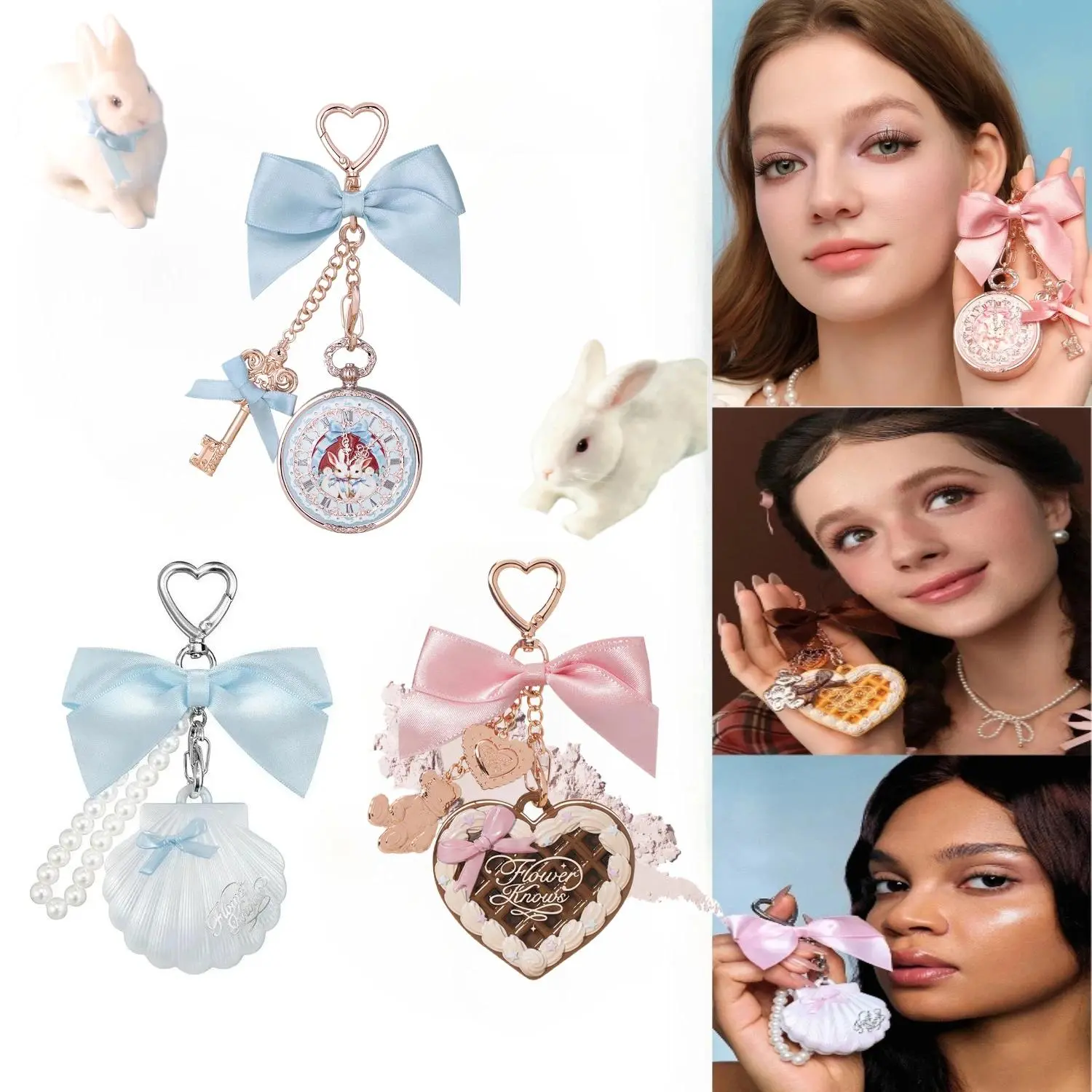 FlowerKnow Bunny Garden Cupid Sweetie Bear Face Powder with Blush Highlighter Pendant Long Lasting Portable Makeup Decoration