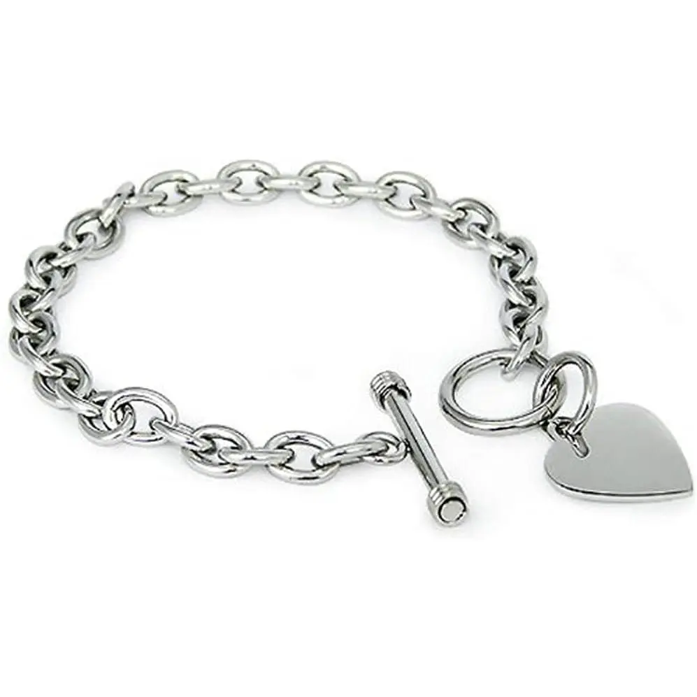 Women's Heart Charm Link Bracelet in High Polished Stainless Steel, Toggle Clasp, Hypoallergenic Daily Wear Jewelry, Length 7.5", Anti-Oxidation, 7.5 In, Niece, 316L Stainless Steel, Casual, Female, High Polished Finish