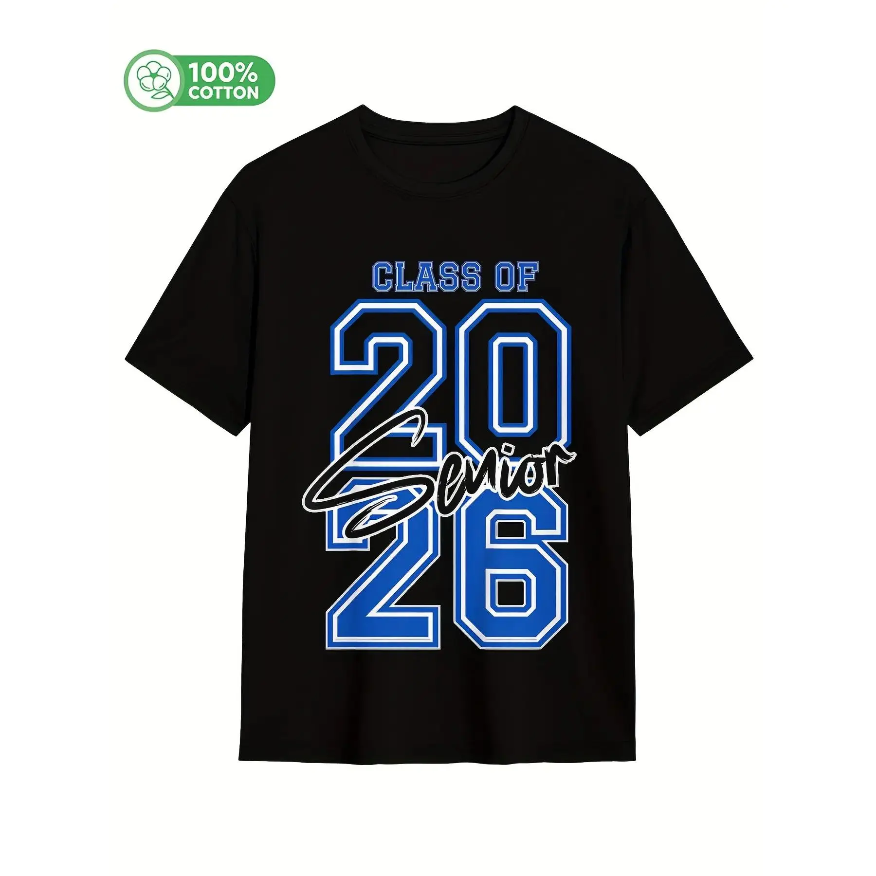 Menswear Class of 2026 Graduation Tshirt - Black Background, Bold Blue & White Lettering, Soft Cotton Short Sleeve Top, Round Neckline, Comfortable Fit, Machine Washable Keepsake Gift for 2026 Grads, Casual Wear