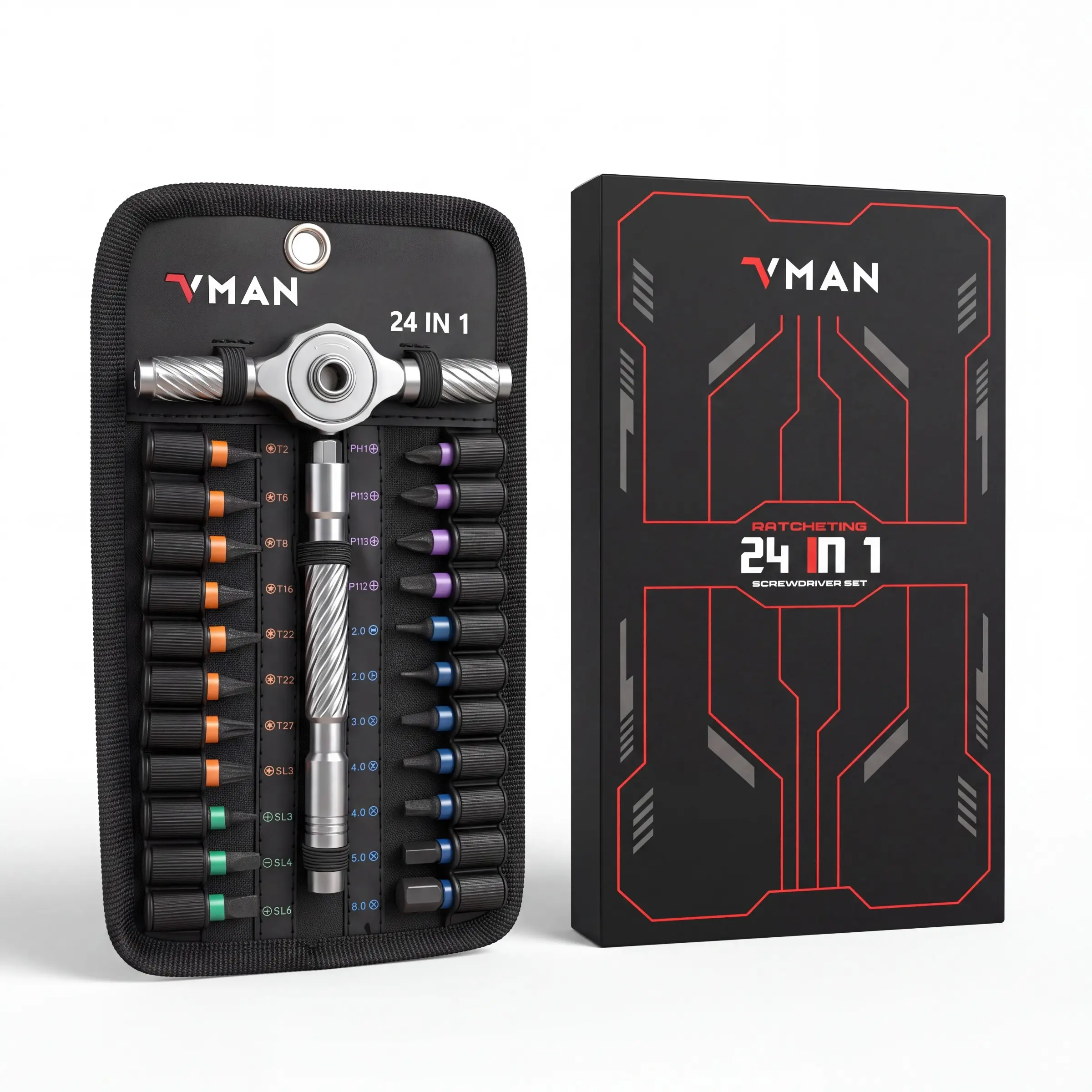 Vman 24-In-1 Magnetic Screwdriver Set, Detachable Handle DIY Ratchet Screwdriver Kit, Portable Compact Repair Tool Box for Furniture, Laptops, Electronics, Bikes, Ratcheting Screwdriver