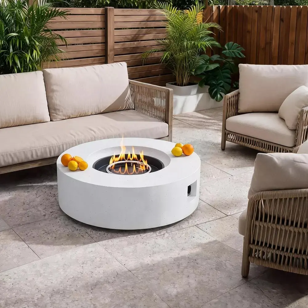 Outdoor Modern Round Fire Pit Table with Lid, Patio Fire Table for Backyard, Deck & Poolside White/Black