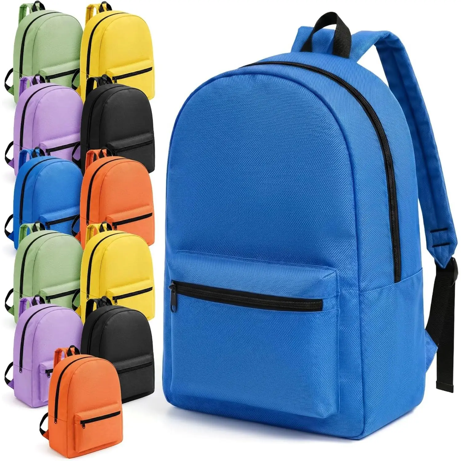 12 Pack Bulk Backpacks for Kids, 17 Inch Lightweight School Backpacks in 6 Assorted Colors with Front Pocket and Adjustable Straps for School, Classroom, Travel and Events