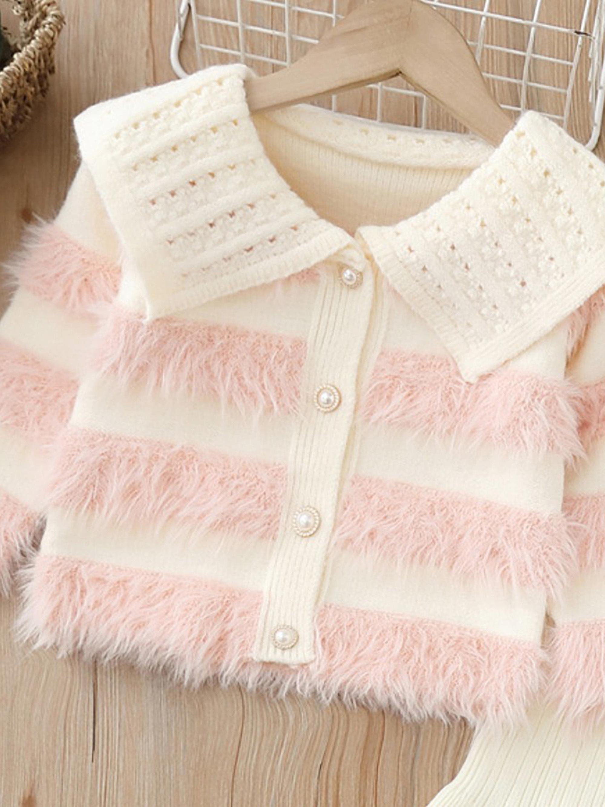 Girls' ted Knit Sweater with Plush Stripes & Pearl Buttons - Soft Pastel Purple & Contrast, Cozy Lapel Collar, Loose Fit Winter Warmth, Cute Casual Daily Wear for Fall/Winter, Easy Button-Front Closure (No Zippers) - Ideal for School & Playdates - D