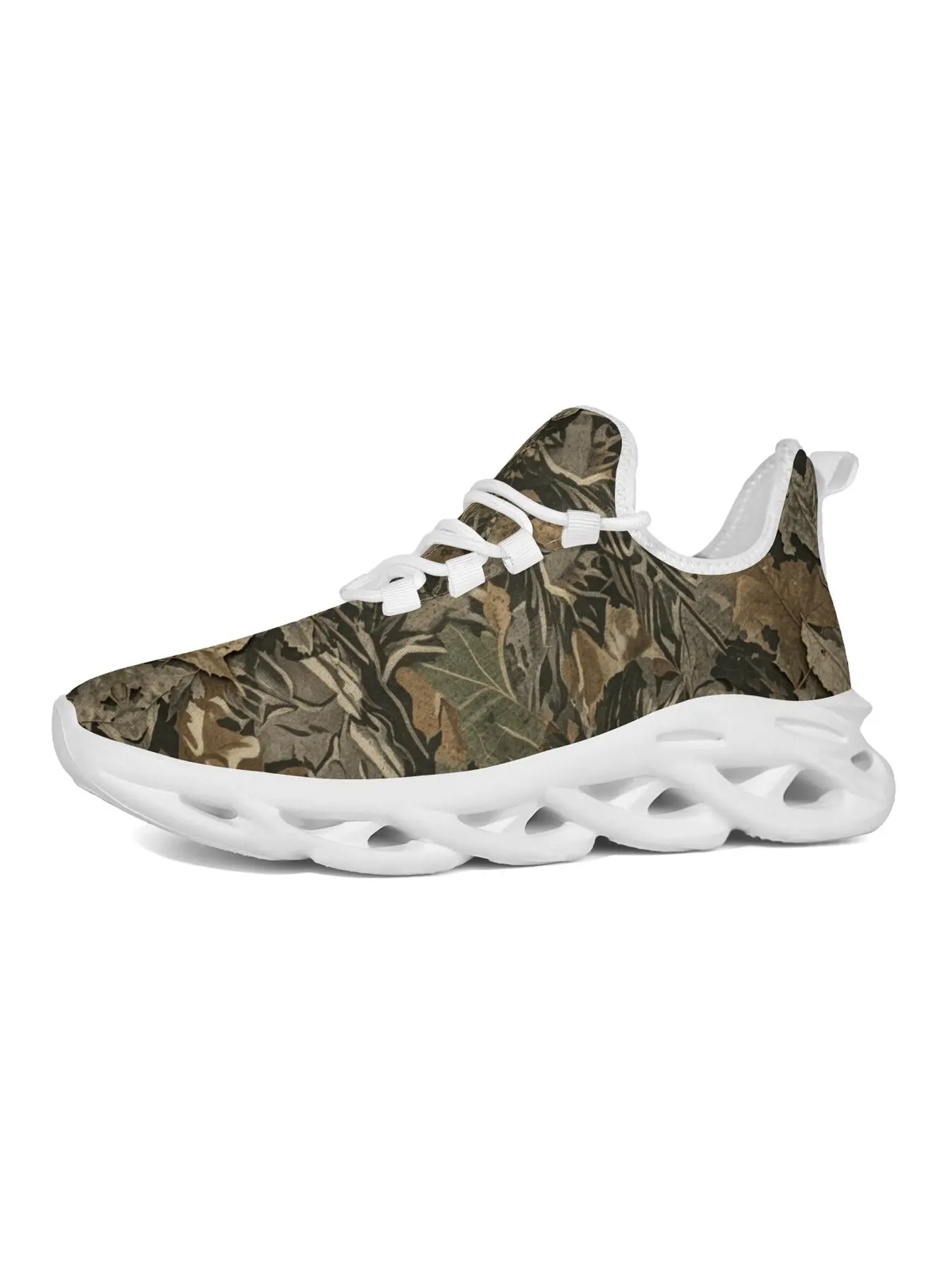 orest Leaf Camouflage Print Mesh Running Shoes for Men Women, Jungle Camo Lightweight Hollow Wave Sole Sneakers, Breathable Lace Up Casual Walking Trainers, Outdoor Hunting Camping Street Non Slip Footwear