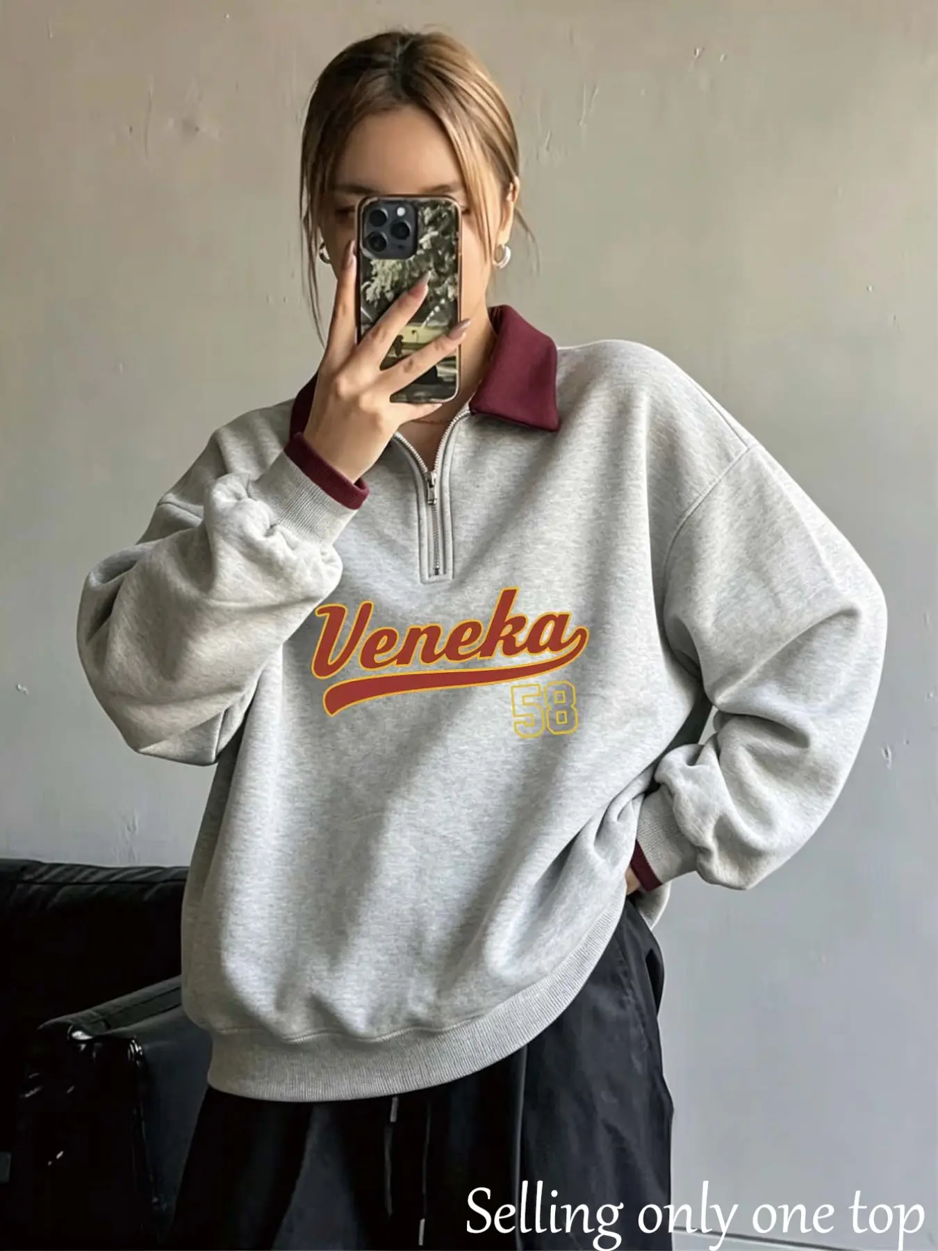 American Vintage Veneka58 Letter Print Half Zip Polo Neck Sweatshirt, Loose Fit Oversize Top, Fall Winter Casual Wear for Women