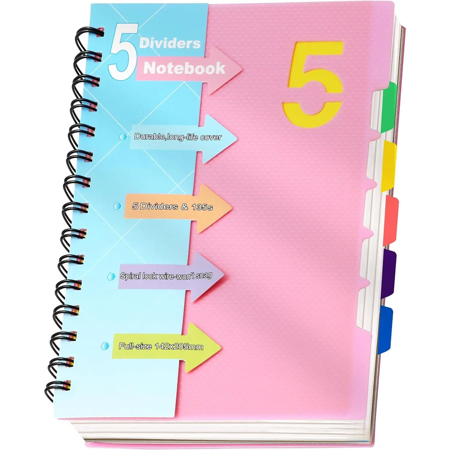 5 Subject Notebook, Small Spiral Notebook with Tabs, 6'' x 8'' | Removable Dividers, 180° lay-flat, Portable, College Ruled, 240 Pages Note book, for School Work,