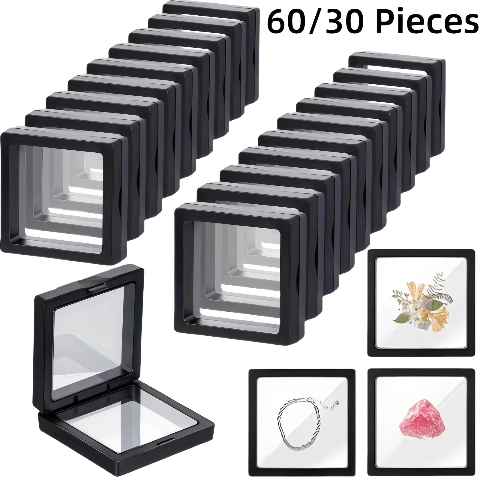30/60pcs Black Plastic Frame 3D Floating Jewelry Display Boxes With Clear Panels, Secure Clasp Closure & Fabric-Lined Interior, Home & Jewelry Making Organizer, Jewelry Boxes, Coin Collector'S Choice, Best Gifts For Independence Day