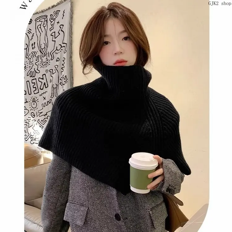 Women's Thick Yarn Solid Color Chunky Knit Triangular Turtleneck Shawl - Casual Wear Windproof Neck & Shoulder Protector for Autumn Winter Daily Outfits