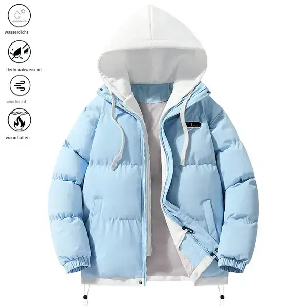 Men's Stylish Color Block Woven Long Sleeve Winter Jacket - Fitted, Warm, Hooded, Waterproof, Windproof, Cotton Lined, Stain-Resistant, Casual Blue & White Menswear Dry Clean Outerwear