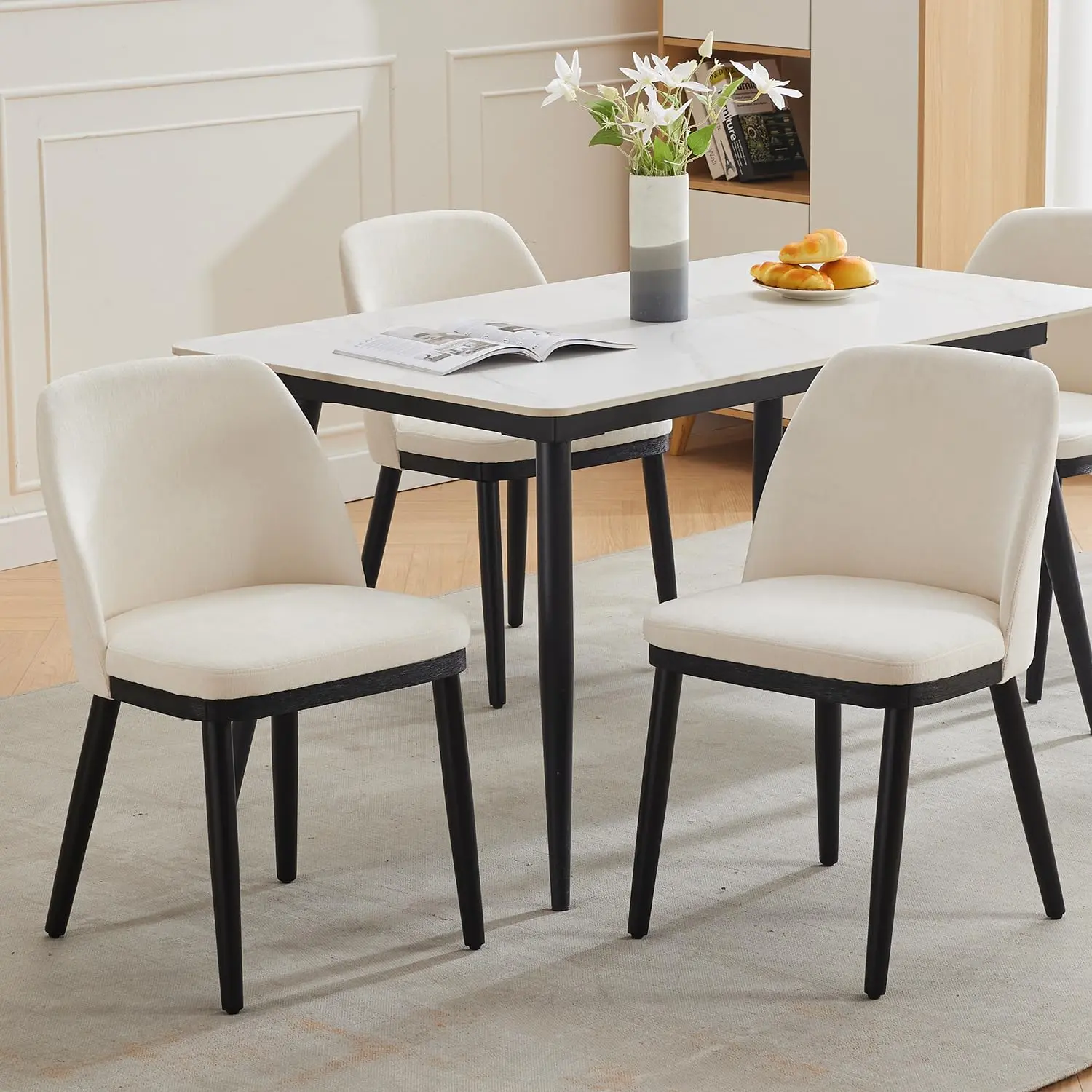 Garvee Set of 2 Modern Dining Chairs Upholstered in Beige Linen with Curved Backrest and Wooden Legs, Decorative Chairs for Kitchen, Dining Room, and Living Room