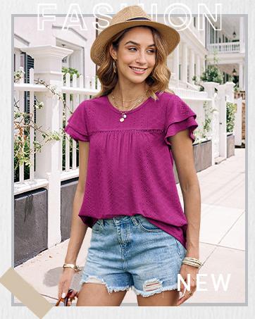 Women's Summer Tops Crewneck Eyelet Ruffle Short Sleeve Blouses Casual Babydoll Shirts 2025 S-2XL Lightweight Soft Knitted Fabric Trendy Babydoll Style