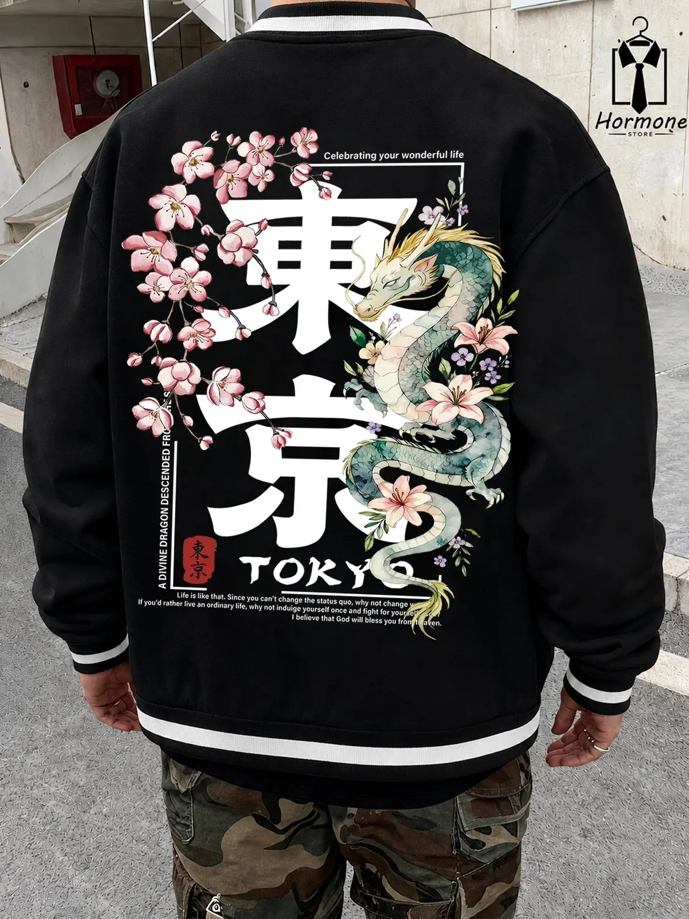 Japanese Graphic Varsity Jacket Long Sleeve Oversized Fit | Tokyo Dragon Aesthetic Streetwear Coat | Premium Comfort Spring Casual Jacket for Daily Street Outfits
