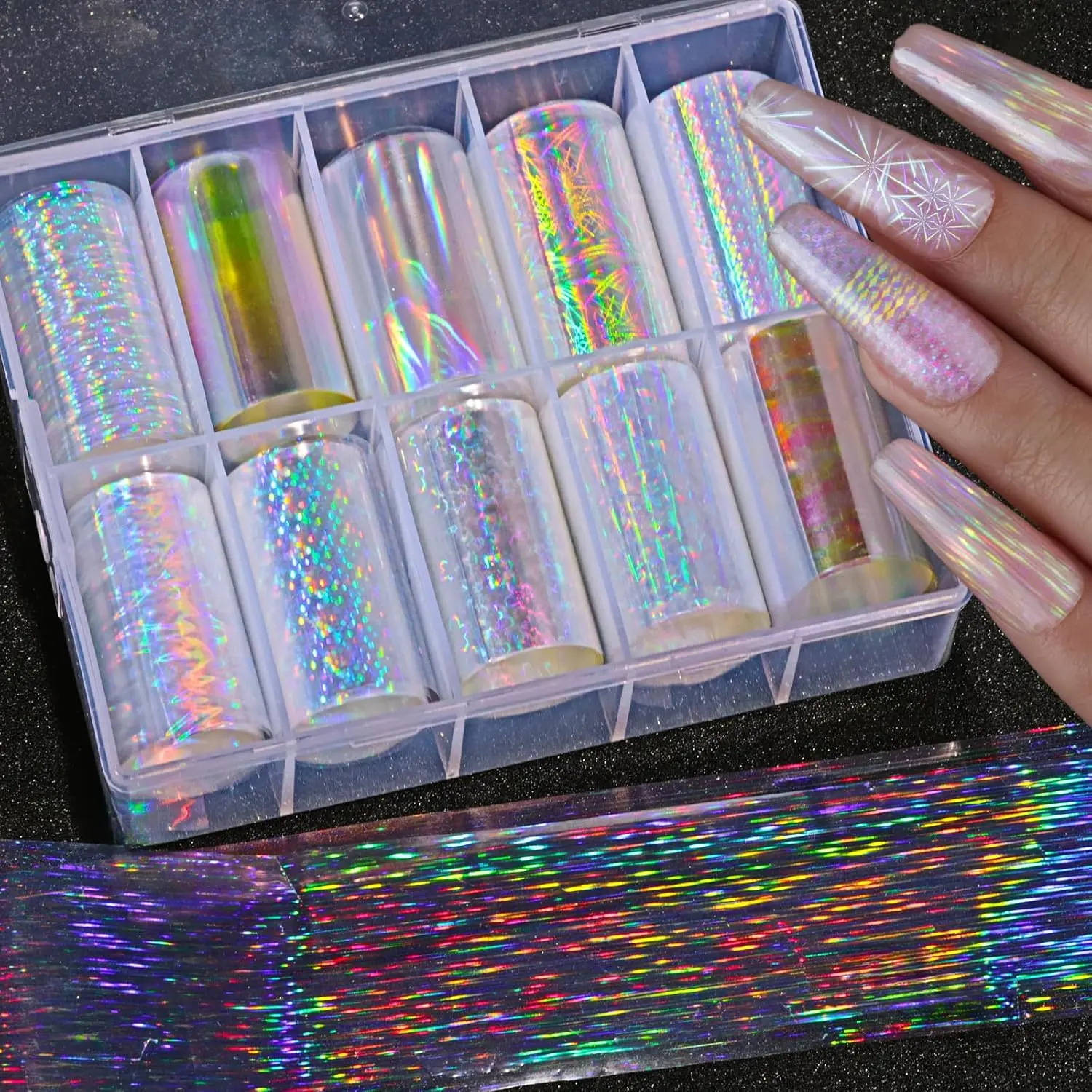 Aurora Nail Foil, 10 Rolls Holographic Nail Art Transfer Foil, Clear Laser Chrome Powder Foils for Nails Design Stickers Laser Iridescent Starry Flower Dots for Nails Decoration and Manicure Design