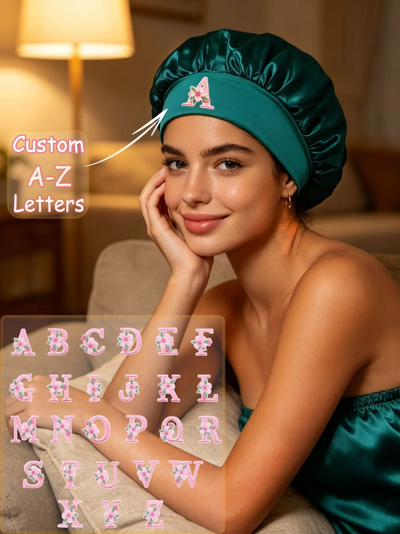 1PC Reusable Custom A-Z Letter Sleep Bonnet, High Stretch Hair Care Bonnet, Portable Travel Hair Washing Head Wrap, Essential Bathroom Accessory For Home Bath SPA Hair Salon, Perfect Birthday Gift For Girlfriend Mom Best Friends
