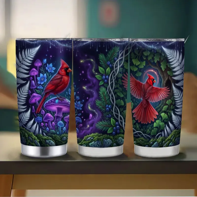 Mystical Red Cardinal Enchanted Forest Stainless Steel Insulated Tumbler with Straw and Sliding Lid, Glowing Mushroom Woodland Magic Art Travel Coffee Cup, Ideal for Office, Home, Travel, and Gift for Bird Lovers and Nature Enthusiasts