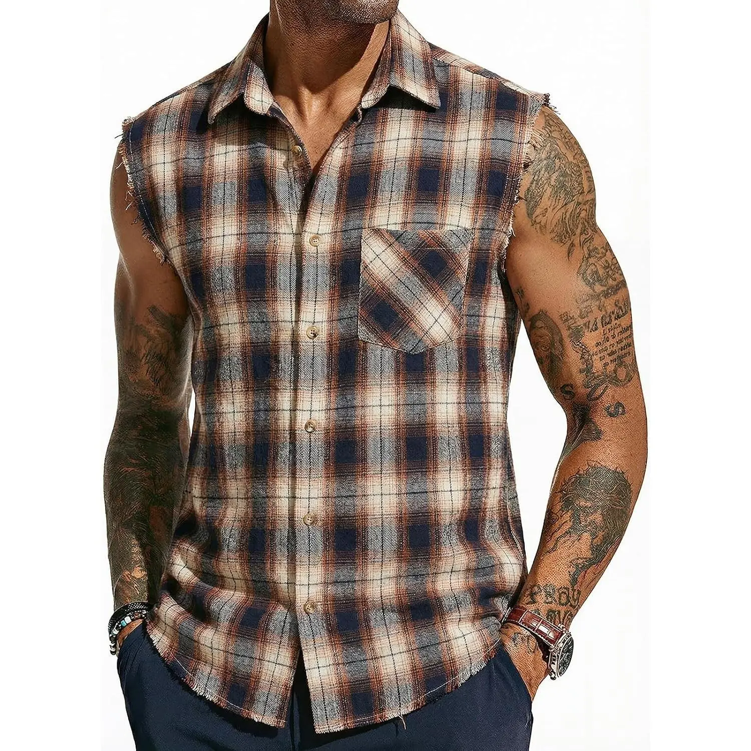 Men's Sleeveless Plaid Shirts Button Down Casual Flannel Cowboy Vest Shirt Cotton Tops with Pocket