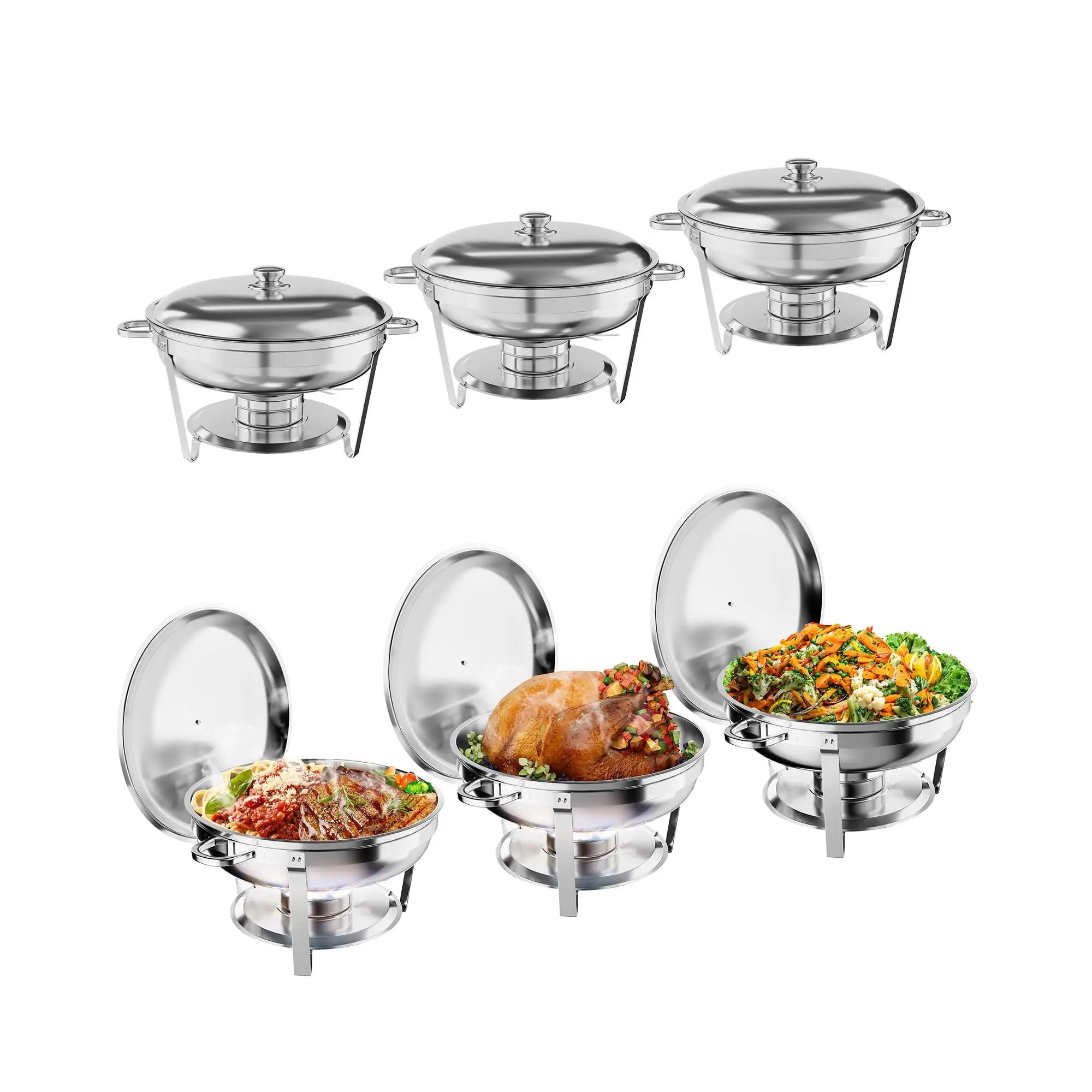 Garvee Set of 6 Round Buffet Plates with Stainless Steel Chafers, Food Warmers, Lid Support, Serving Spoon and Tongs - Ideal for Parties and Weddings, Silver Finish