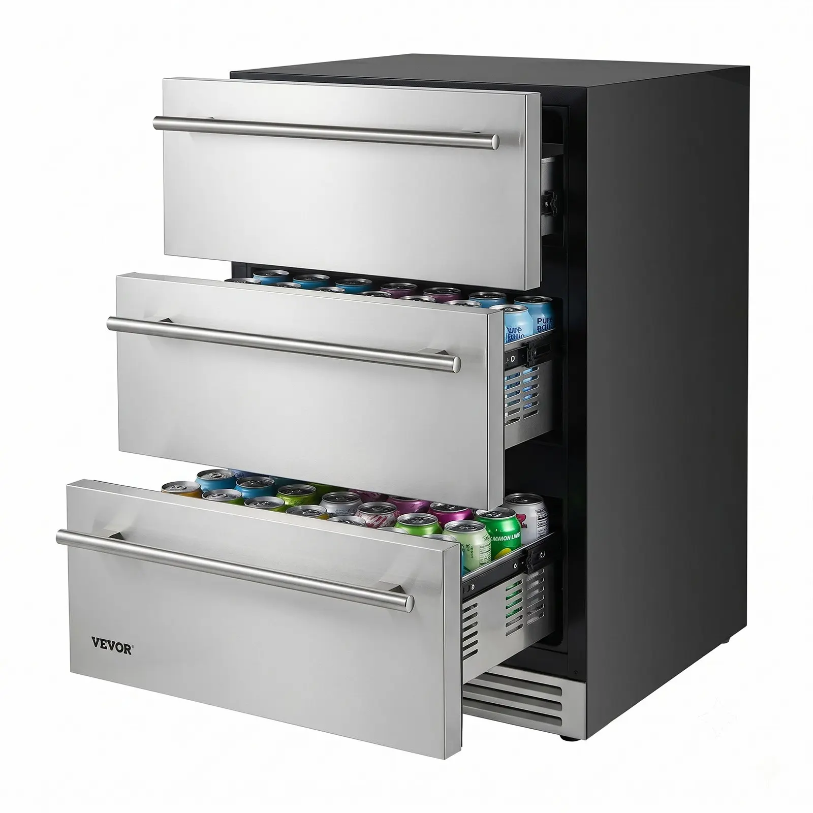 VEVOR 3-Drawer Refrigerator, 24 in Undercounter Beverage Cooler, Large Capacity Drink Fridge, 3 Separate Storage Zones, 304 Stainless Steel Drawers, Fast Cooling, for Kitchen, Game Room Home Bar