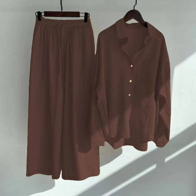 Ms. Xun's 2-piece Retro Plus Size 2026 Cotton Linen Shirt Set with High-waisted Loose Trousers