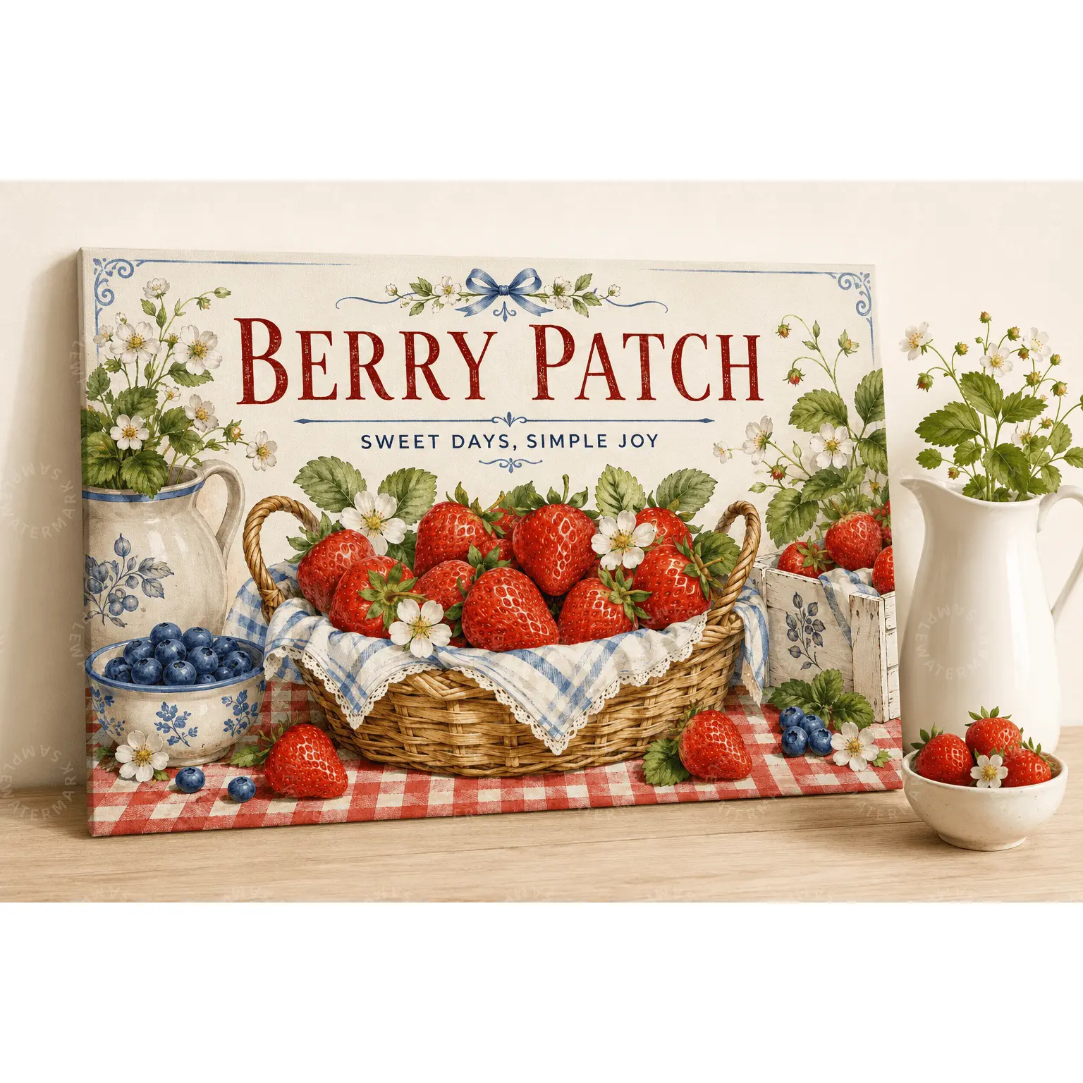 Berry Patch Canvas Wall Art, Vintage Strawberry Kitchen Poster, Farmhouse Fruit Market Print, Rustic Country Wall Decor, Aesthetic Kitchen Decor for Dining Room Living Room Bedroom, Gift for Berry Lovers