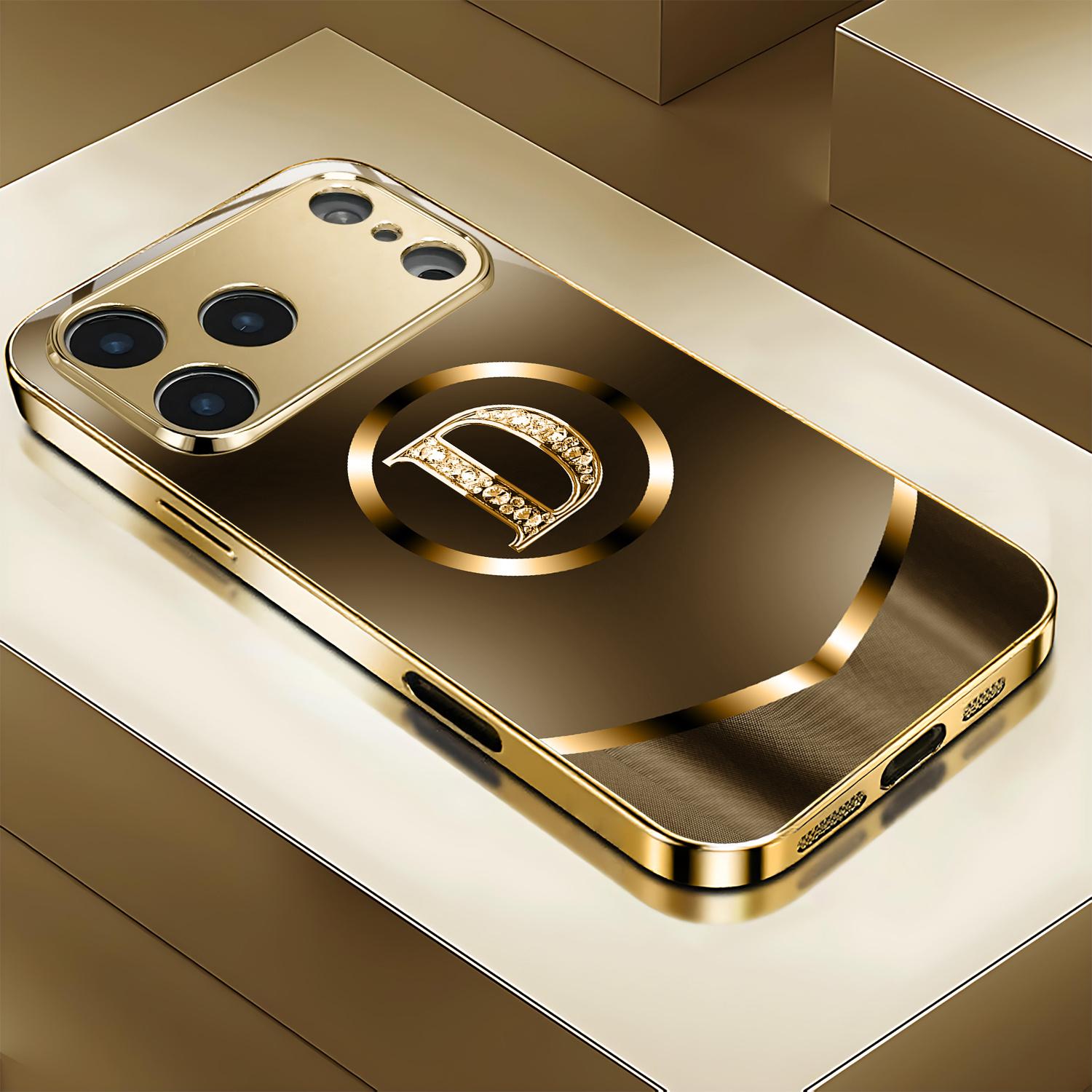 Elegant High-End Letter D Pattern Electroplated Gold New Phone Case, Suitable for iPhone 17/17 Pro/17 Air/17 Pro Max/16/16 Pro/16 Plus/16 Pro Max/15/15 Pro/15 Pro Max/14/14 Pro/14 Plus/14 Pro Max/13/13 Pro/13 Pro Max/13 Mini/12/11/XR/XS/X Tempered Glass,